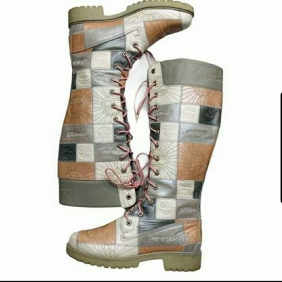 Timberland Patchwork Boots - Multicolor Gray, White, Soft Pink Leather - Size 9 - Picture 2 of 5